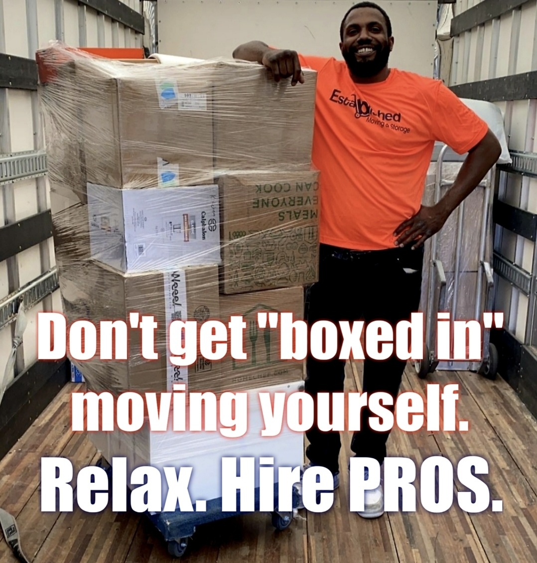 a man stands with boxes, with text saying, "relax. hire pros."
