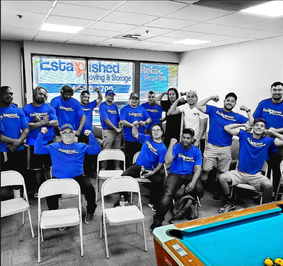 a group of established moving & storage employees sit together by a pool table