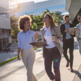 Four young professionals walking outside of corporate office buildings on a sunny day
