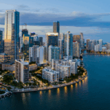 An aerial view of Miami's skyline. Taken during the sunrise.